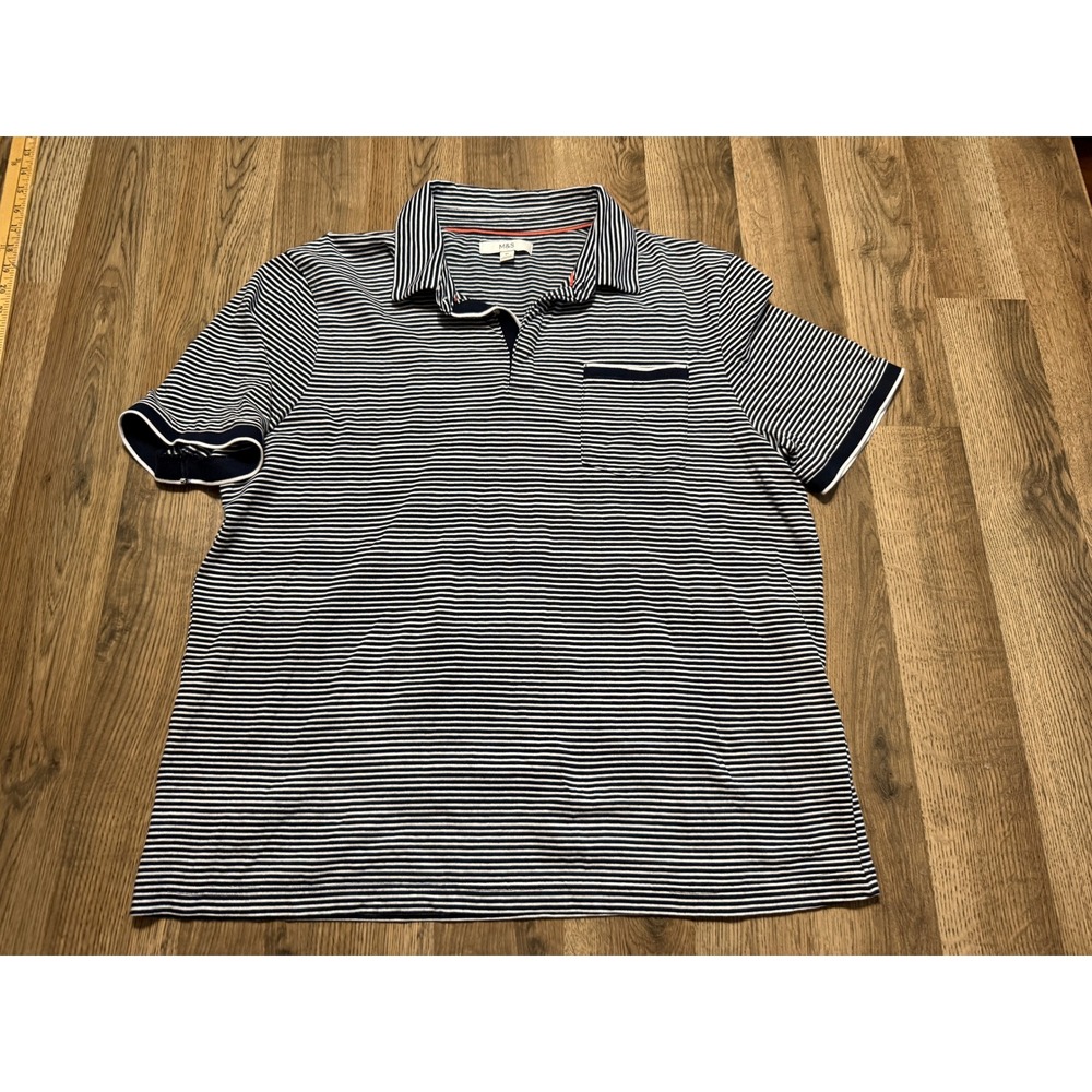 M&S Polo Shirt Mens XL Navy Blue Striped Cotton Short Sleeve Pocket Excellent